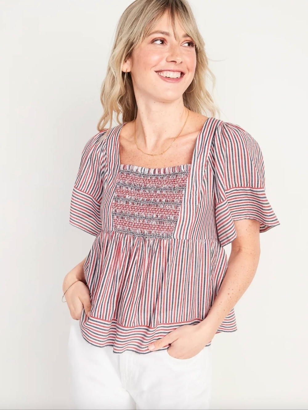 Old Navy Smocked Flutter Sleeve Babydoll Stripe Top Red White Blue L